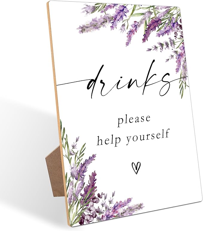 Drinks Please Help Yourself Sign, Lavender Drink Signs for Party, Bridal Shower Decorations, Wedding Reception Decor, Floral Wooden Sign with Stand for Wedding Reception And Bridal Party Decor, 25