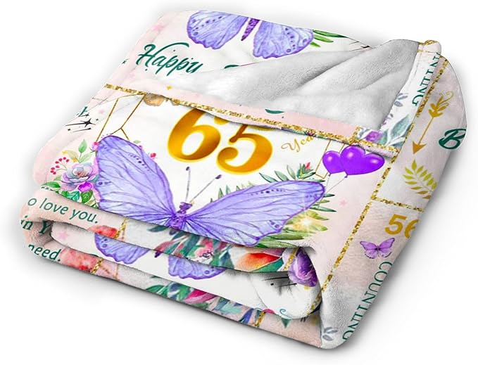 65th Birthday Gifts for Women Blanket, Unique Fun Purple Butterfly Flower Throw Blanket Gift for 65 Birthday, 65 Year Old Birthday Gifts for Women, Super Soft Cozy Warm Plush Flannel Blankets 80"X60"