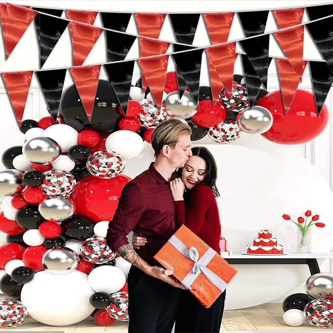 130FT Red Black Triangle Pennant Banner Flag Metallic Fabric Bunting Garland for Christmas Graduation Bachelorette Anniversary Birthday Engagement Wedding Anniversary Casino Party Decorations Supplies