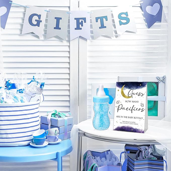 Roowest 512 Pcs Baby Shower Games Guess How Many Pacifiers Sign 100 Small Guessing Games 10 HB Pencils 750ml Milk Bottle 400 Acrylic Pacifiers Decoration for Guest Gender Reveal(Blue,Moon)
