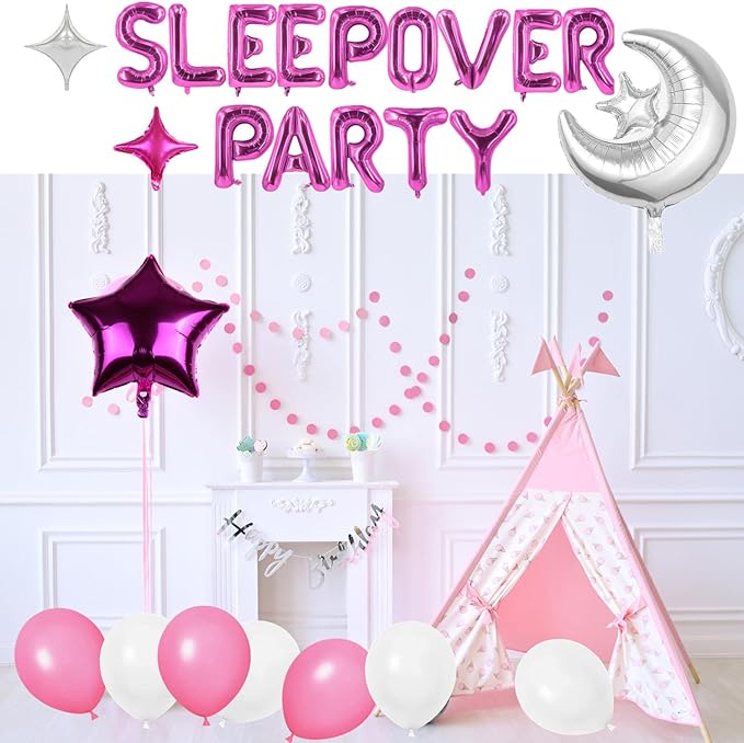 47 Pieces Sleepover Party Decoration Rose Red Sleepover Birthday Party Balloons Banner Large Moon Star for Girls Pajamas Slumber Party Night Out Party Decoration (Rose red)