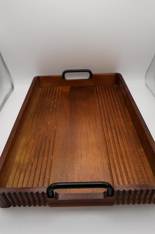 Acacia Wood Serving Tray with Metal Handles, 17x13in Food Drinks Tray for Coffee Table, Breakfast, Dinner & Bar, Rustic Decorative Storage Tray for Ottoman, Kitchen, Packaging