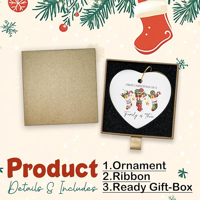 First Christmas as Family of Three Ornament Babys First Christmas Ornament Boy Girl New Parents Gifts for Couple Him Her Husband Wife Family Christmas Heart Ceramic Xmas Tree Ornament Decorations