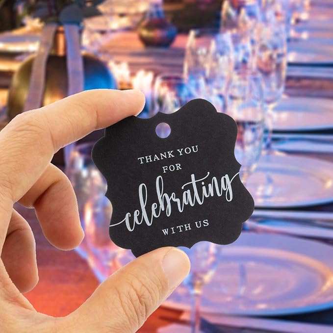 Summer-Ray 50pcs Elegant Square Thank You for Celebrating with Us Favor Tags Wedding Gift Tags (Black)