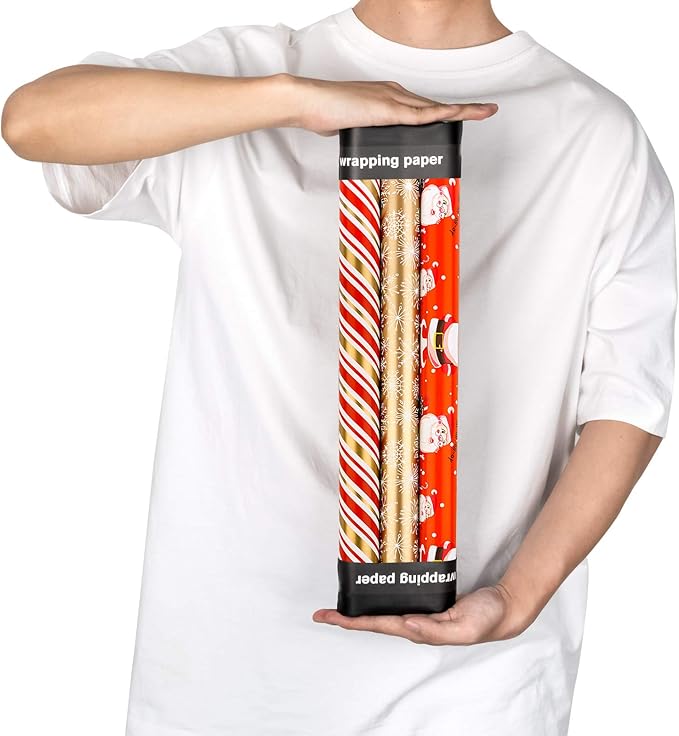 MAYPLUSS Christmas Wrapping Paper Roll - Mini Roll - 17.3 in X 120 in Per roll - 3 Different Christmas Red Snowman Gold Stripe,Gold Snowflake for Xmas Gift Wrap (43.2 sq.ft)