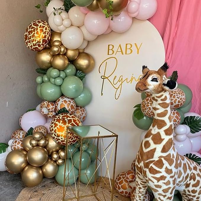 Safari Balloons, 50pcs Green Brown Balloons, Sage Green Ivory White Apricot Balloon, Giraffe Print Jungle Balloon for Jungle Safari Woodland Wild One Theme Birthday Baby Shower Wedding Decorations
