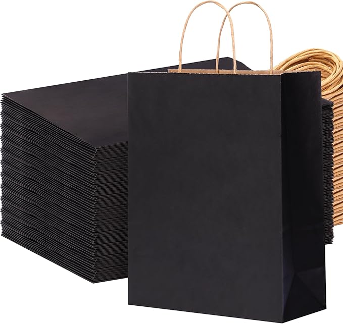 OUTUXED 100pcs Black Paper Bags 10x5x13in Kraft Large Paper Gift Bags with Handles Bulk for Business, Shopping, Grocery, Retail, Birthday Wedding Party Favor, Merchandise