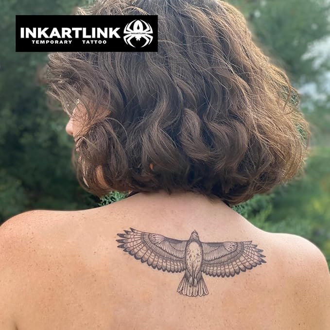 INKARTLINK Temporary Tattoos, 2 Sheets Large Semi Permanent Tattoo Adult Art Design Waterproof Temp Tattoo Party Favors Realistic Look, No Adhesive, No Reflection, Lasts 1-2 Weeks Black (Eagle)