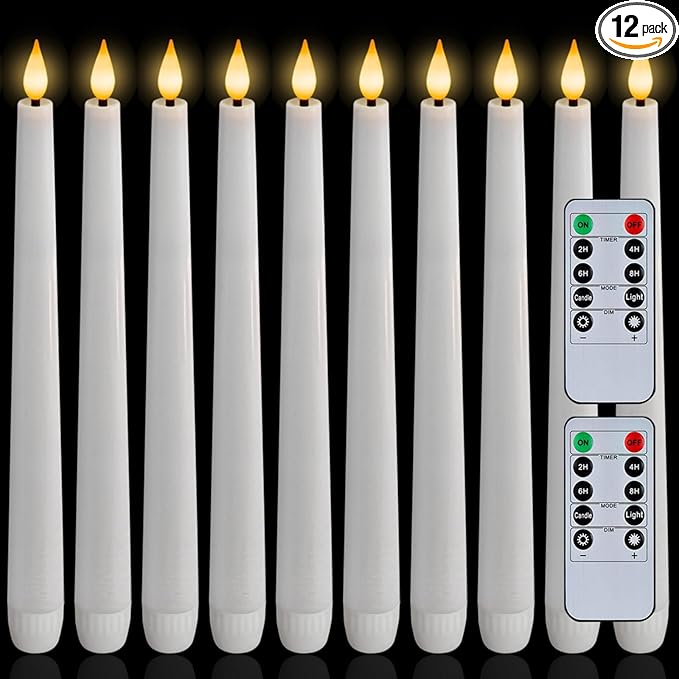 Homemory 12 Pcs Waxy Flameless Taper Candles with Remote, Led Flameless Candlesticks Classic Tall Candle, Flickering Battery Operated Taper Candles for Bedroom, Dining Room, White, 9.6 inches