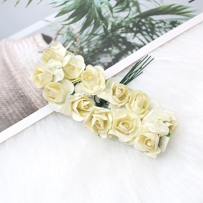 144pcs Mulberry Paper Mini Roses Artificial Flowers Heads with Stems for DIY Crafts Accessories Make Bridal Hair Clips Headbands Dress Wedding Bridal Bouquet Party Home Decor Valentine's (Ivory White)