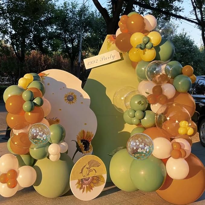 Brown Yellow Green White Balloon Arch Kit, 156Pcs Caramel Brown Mustard Yellow Sage Green White Sand Balloons Garland for Boho Safari Jungle Woodland Birthday Baby Shower Wedding
