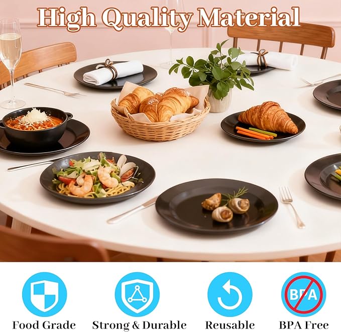 MENDENG 50PCS Black Plastic Plates for Party, 25x10.25 Dinner Plates & 25x7.5 Dessert Plates, Heavy Duty Disposable Plastic Plates for Party Halloween Picnic BBQ
