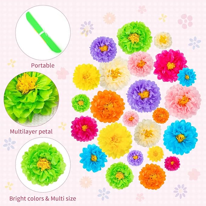 24 Pcs Mexican Paper Flowers, Fiesta Paper Flowers, Colorful Tissue Flower for Carnival, Party Backdrop, Wedding, Birthday Party, Craft Wall Decor, Baby Shower(8 Colors 6" 8" 10")