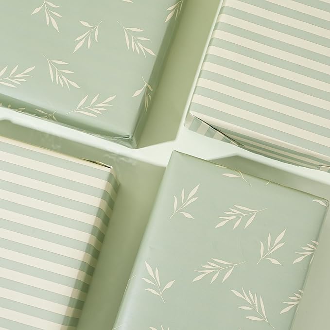 ZINTBIAL Reversible Gift Wrapping Paper Roll - Light Green Background with Beige Leaves - Green Stripe Design - for Birthdays,Weddings,Baby Showers,Mother's Day,Christmas - 17.5" x 33' (48 sq. ft.)
