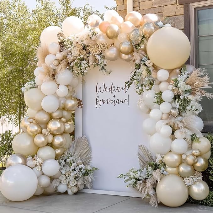White Gold Balloon Arch Double Stuffed Pearl White Sand Cream Gold Chrome Balloon Garland Kit for Christmas New Year Birthday Baby Shower Wedding Engagement Baptism Party Decorations