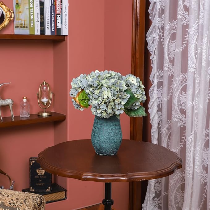 Kimura's Cabin 6pcs Artificial Silk Hydrangea Flowers Vintage Fake Bouquets Faux Hydrangeas Flower with Stems for Wedding Party Autumn Farmhouse Home Table Core Decoration (Deep Lake Blue)
