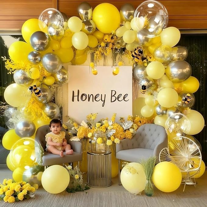 Yellow Balloon Arch Kit, Double Stuffed Pastel Yellow Sliver Metallic Balloon Garland Clear Bobo Balloons for Wedding Baby Shower Birthday Bridal to Bee Fall Party Decorations