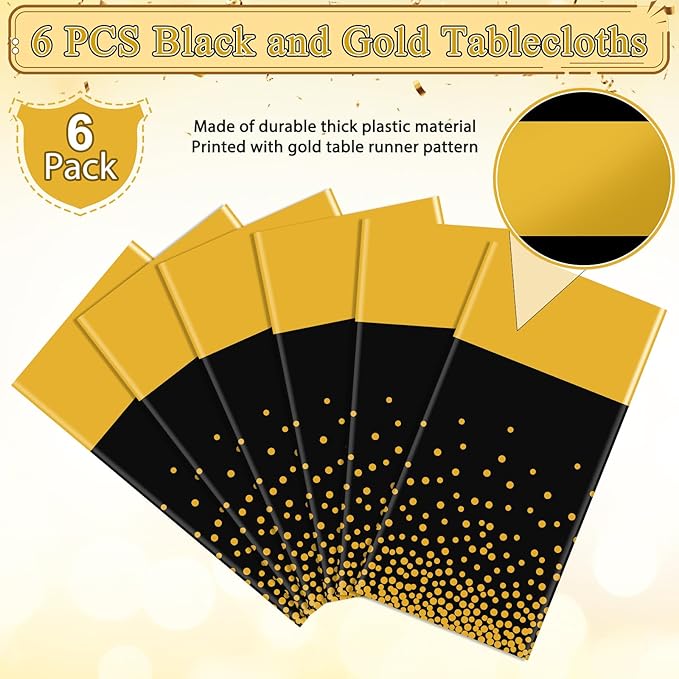 6Pcs Black and Gold Tablecloth Party Decorations,Plastic Black Table Cloth Printed Gold Table Runner Disposable Rectangle Table Cover for Birthday Retirement Anniversary Graduation Party,54 x108 Inch