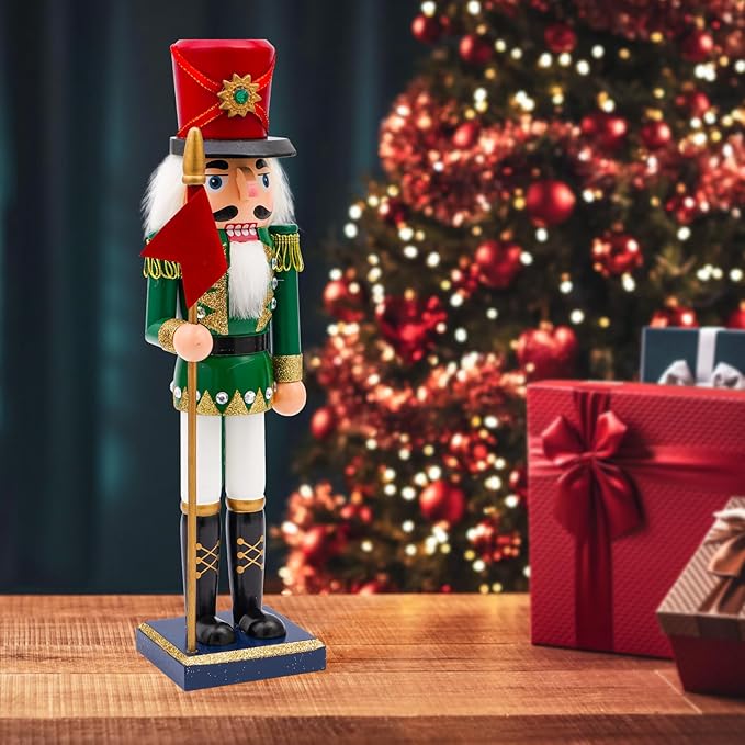 14" Wooden Flag Nutcracker, Festive Christmas Decoration, Handcrafted Flag Themed Nutcracker Collectible Christmas Decor for Tabletop, Shelves, and Fireplace Mantel(Flag)