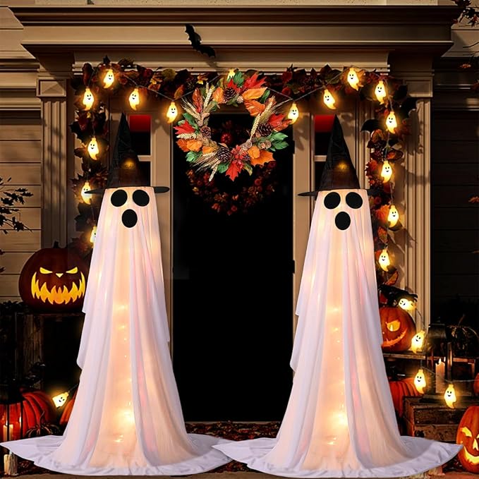 2Packs Halloween Decorations Outdoor,Halloweens Party Decoration Indoor,Spooky Ghost with Remote Control String Lights,Halloween-Ghost Lights for Porches Yards Gardens Lawn (Ghost Eyes)