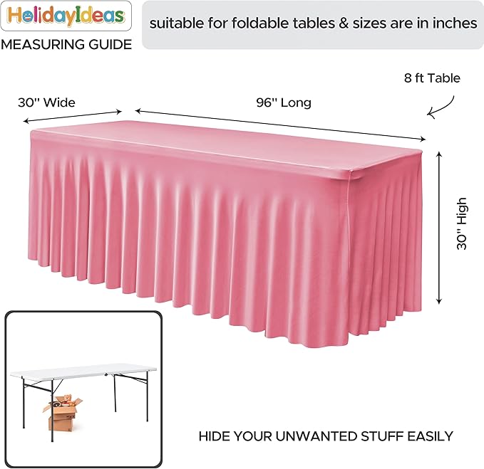 HolidayIdeas Spandex Table Skirts for Rectangle Tables 8 Ft, Fitted Stretch Table Cover 30x96 Inch, Wrinkle-Free Ruffle Design Tablecloths for Banquets,Trade Shows, Parties, Events, 4 Pack, Pink