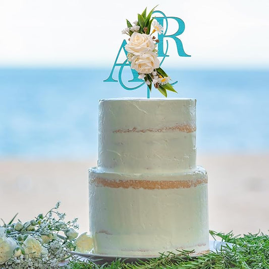 Wedding Cake Topper with 3D Artificial Flowers and Green Leaves Custom Initials Personalized Wooden Anniversary Cake Decoration (Turquoise)
