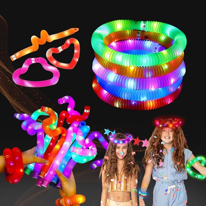 Multicolor 6PCS Light Up Pop Fidget Tubes Party Favors-Glow in The Dark Party Supplies for Kids and Adults, Perfect for Festivals, Birthday Parties, Raves, Concerts, and Camping Decorations
