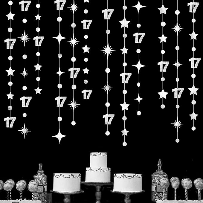 Silver 17th Birthday Decorations Number 17 Circle Dot Star Garland Streamer Banner Backdrop for Girls Boys Cheers to 17 Years Old Birthday 17 and Fabulous Happy 17th Anniversary Party Supplies