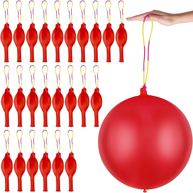 24 Pcs Red Punch Balloons Bounce with Rubber Band Handle Punching Balloon Heavy Duty for Birthday party favors, Kids (Red)