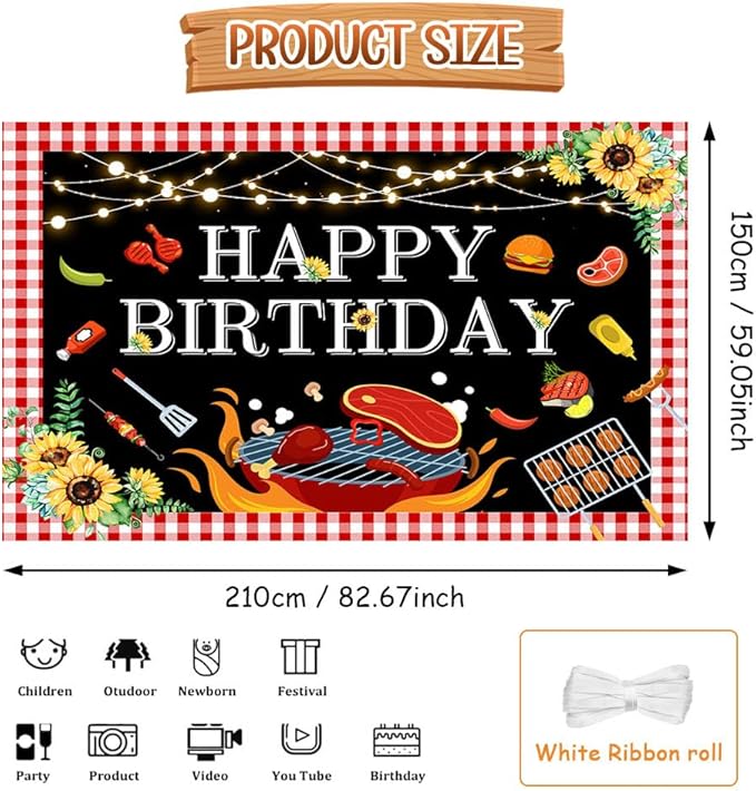 BBQ Birthday Party Decorations Large BBQ Happy Birthday Banner Red and White Gingham Picnic Banner Backdrop for BBQ Birthday Barbecue Party Supplies Yard Outdoor 7x5ft