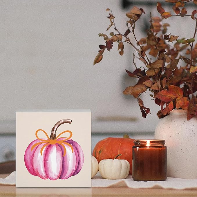 Cute Fall Decor Pink Pumpkin Fall Decorations for Home Office Preppy Pink Bow Autumn Decor Autumn Decorations for Desk Table 5 x 5 inches