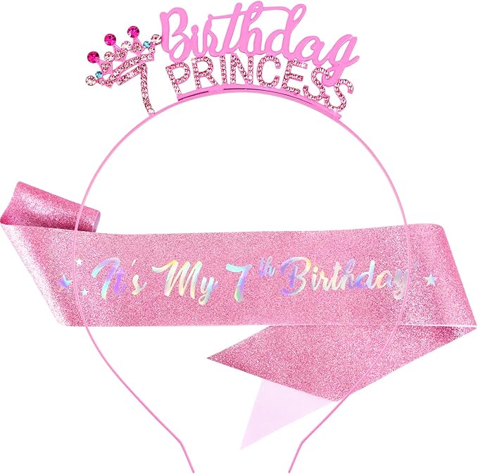 VELSCRUN 2nd 3rd 4-9th Birthday Princess Headband Pink Tiara Crown for Girls It's My Birthday Sash Party Decorations Gifts