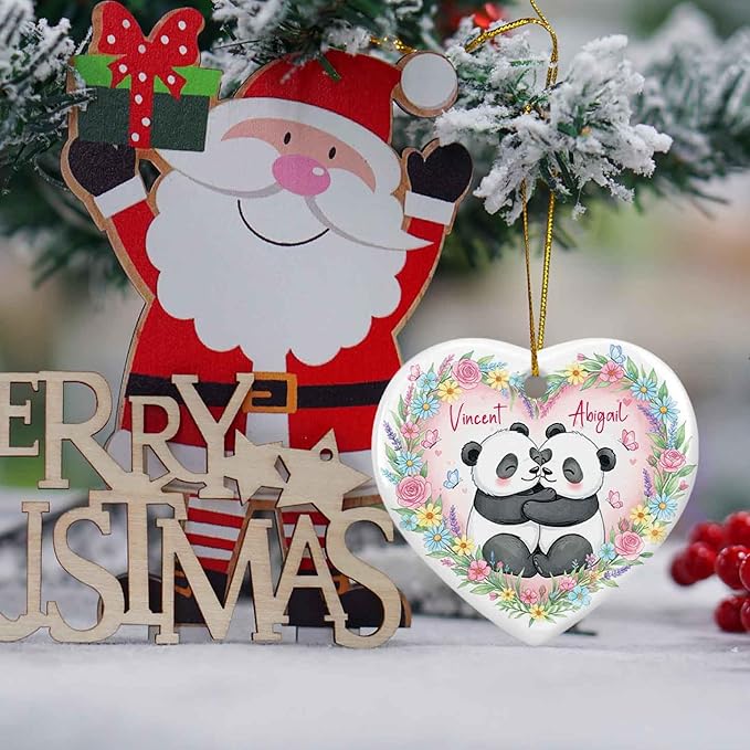 Personalized Panda Couple Ceramic Ornament Xmas, Red Panda Engaged Ornament for Christmas Tree, Engagement Anniversary Keepsake Gift, Custom Names Cute Pandas Bear 1St Xmas Together Ornaments