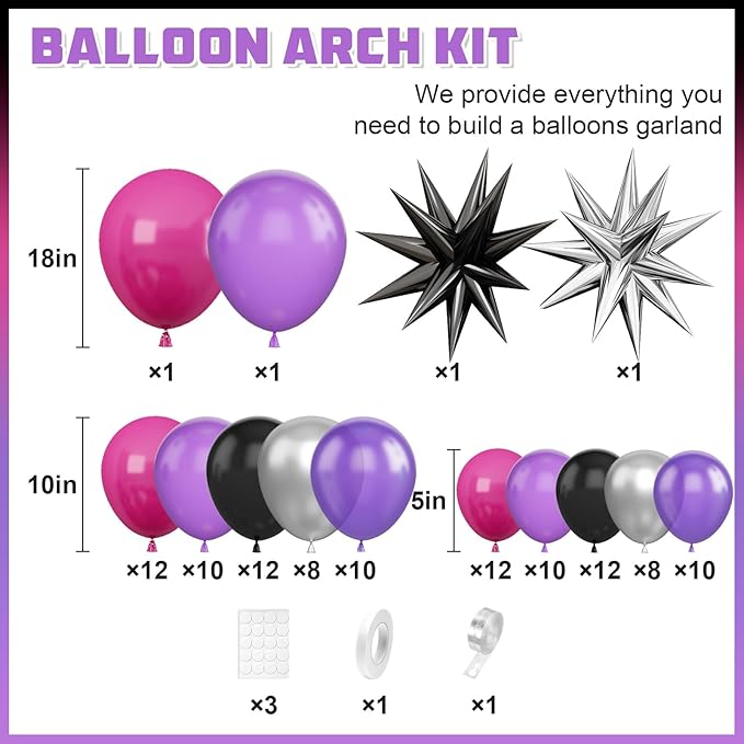 Hot Pink and Purple Balloon Arch Kit, Purple Black Balloon Garland with Star Foil Balloons for Wedding Birthday Graduation Engagement Party Decorations