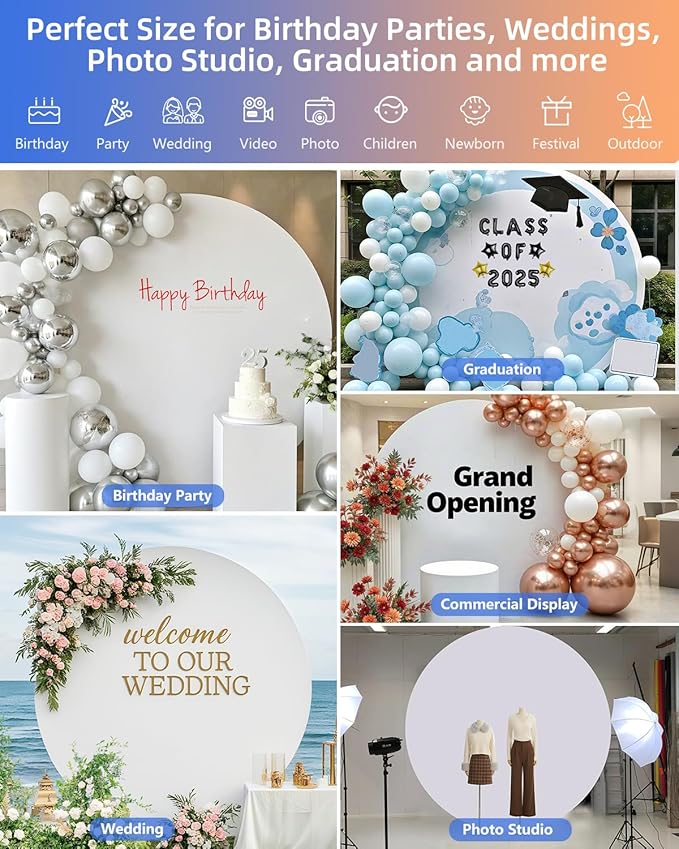 HEMMOTOP 7.2x7.2 ft Round Backdrop Cover White, Circle Arch Stand Cover for Wedding, Balloon Arched Covers Stretchy Backdrops for Party, Baby Shower, Fabric Photo Background 220cm