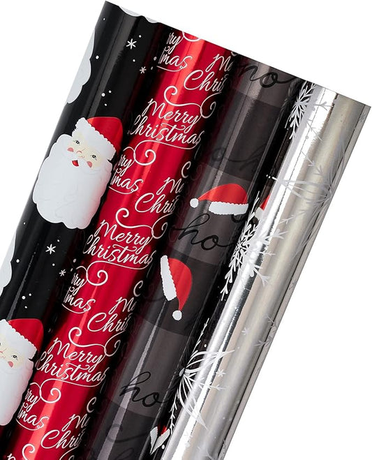 WRAPAHOLIC 30 Inch Christmas Wrapping Paper Roll - Jumbo Roll Black and Red Retro HO HO HO Santa, Silver Snowflake Holiday Collection with Metallic Foil Shine - 4 Rolls - 30 Inch x 120 Inch Per Roll