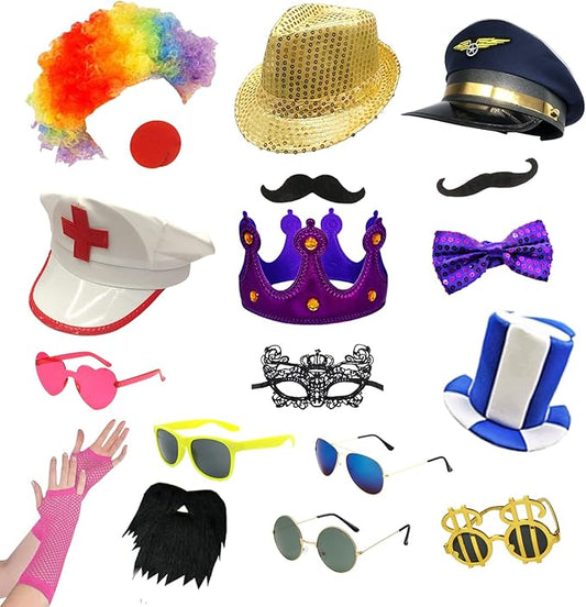 18 Pcs Funny Photo Booth Props for Adults - Assorted Dress Up Costume Hats and Fun Sunglasses - Fun Photo Booth Props Kits for Wedding, Bachelorette, Graduation, Birthday Party Supplies