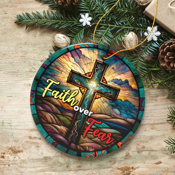 Religious Cross Jesus Stained Glass Art Ornament with Faith Over Fear Quote