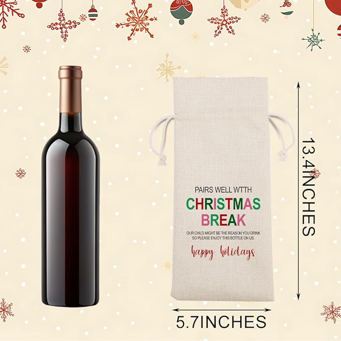 Funny Teacher Christmas Wine Bags for Wine Bottles Gifts Teacher Christmas Gifts Wine Bottle Cover Drawstring Gift Bags Burlap Wine Bag for Xmas Holiday Housewarming Party Decorations