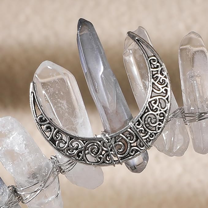 Fairy Elf Crystal Headband for Women - Fantasy White Quartz Moon Witch Crown, Fairy Princess Bridal Queen Headpiece for Renaissance Halloween Wedding Pageant Prom Headwear