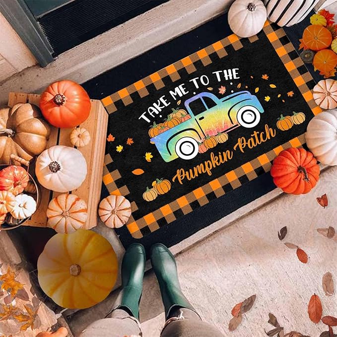 Thanksgiving Door Mat Fall Welcome Mat for Front Door, Autumn Pumpkins with Truck Buffalo Plaid Seasonal Non Slip Doormat for Entrance Entryway Outside Thanksgiving Farmhouse Decor, 30"x18"inch