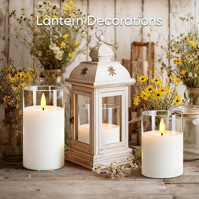 5plots Flameless Battery Operated Candles Set of 3, White LED Candles with Remote Timer, Real Wax Glass Pillar Candles Warm Flickering Light for Indoor Home, Halloween, Christmas Decor D3 x H4 5" 6"