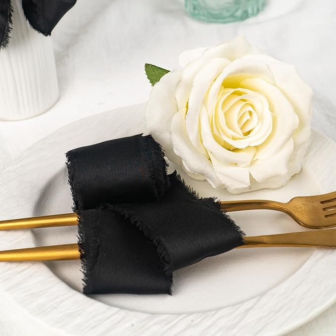 Satin Silk Ribbon, Black Ribbon for Wrapping, 1-1/2 inch x 15 Yd Handmade Frayed Fringe Ribbon, for Wedding Engagement Birthday Showers Crafts Flower Bouquet Invitation Decor, 3 Rolls