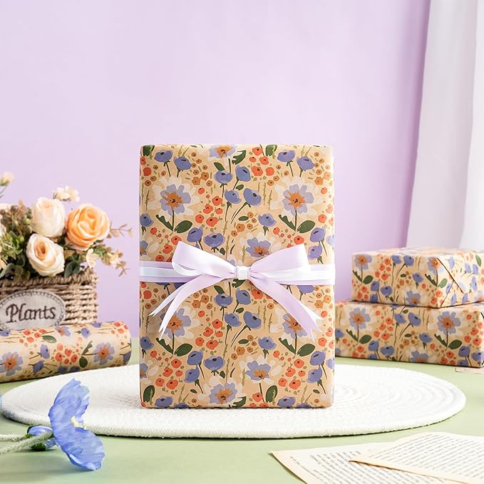 WRAPAHOLIC Kraft Floral Wrapping Paper Roll - Mini Roll - 17 Inch x 16.5 Feet - Watercolor Flower Wrapping Paper, Perfect for Wedding, Birthday, Bridal Shower, Tea Party