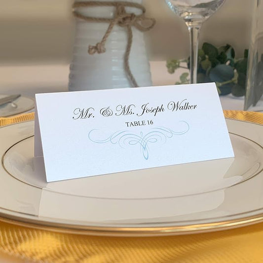 Decadent Flourish Place Cards, Light Blue (Choose Color), Set of 25, Pre-cut and Scored - Wedding, Party, Dinner, and Special Events - Made in the USA