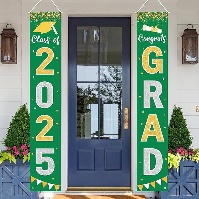 Graduation Decorations 2025 GRAD Banner Green Porch Door Sign Welcome Banner For Indoor Outdoor Wall Graduation Decorations Class of 2025