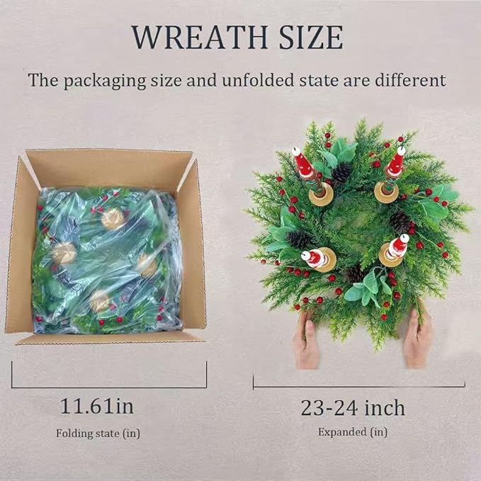 20 Inch Christmas Candlestick Wreath for Front Door,Artificial Pine Wood Paired with Berries Used for Window, Wall, Porch, and Other Indoor and Outdoor Home Decorations