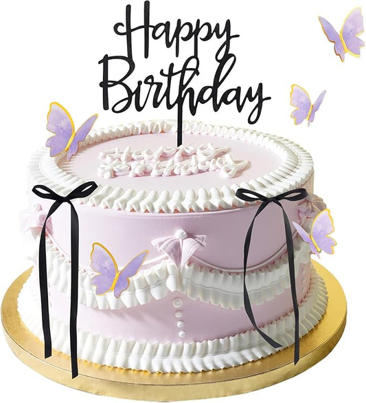 17PCS Happy Birthday Cake Toppers 3D Butterfly Cupcake Topper Pink Purple Gold Bow Cake Topper Birthday Party Decoration for Your Family and Friends