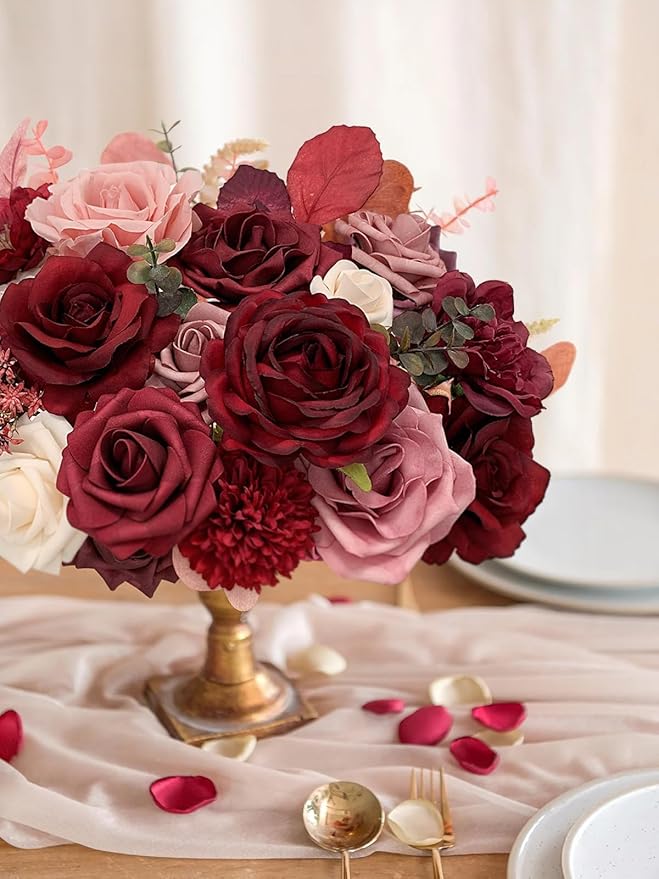 Rose Artificial Flowers Burgundy Fake Flower Bulk for DIY Wedding Bouquets Bridal Baby Shower Centerpiece Table Decorations Silk Faux Floral Arrangements for Party Home Decor Indoor Red Mauve