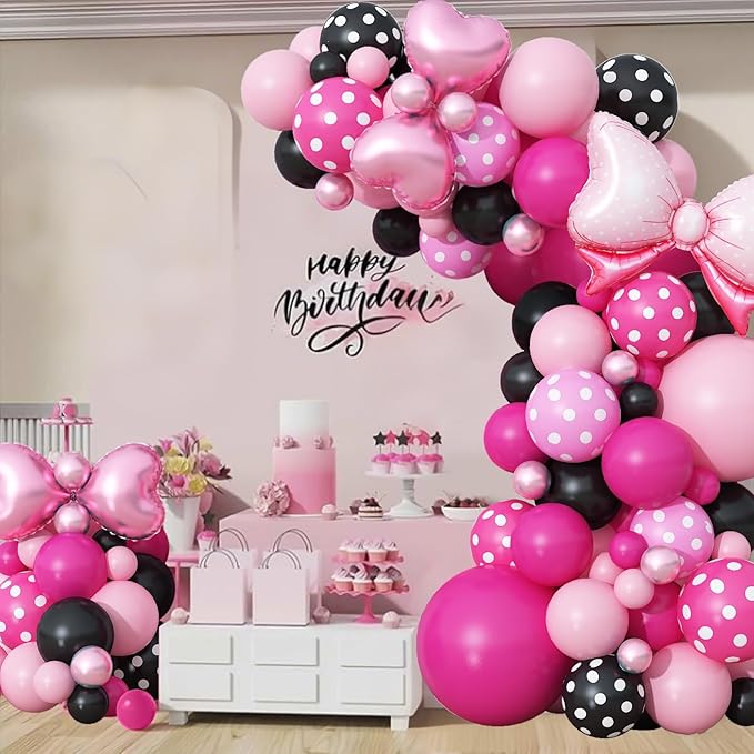 Pink and Black Balloons Arch Balloons Garland with Bow Heart Foil Balloon Cartoon Mouse Birthday Party Decorations Pastel Hot Pink White Dot Latex Balloon Baby Bridal Shower Supplies